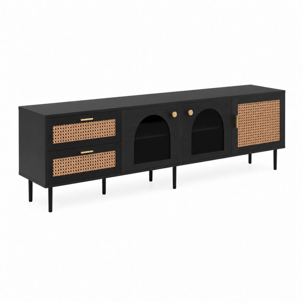 Meuble TV noir et naturel en bois et rotin 160 cm