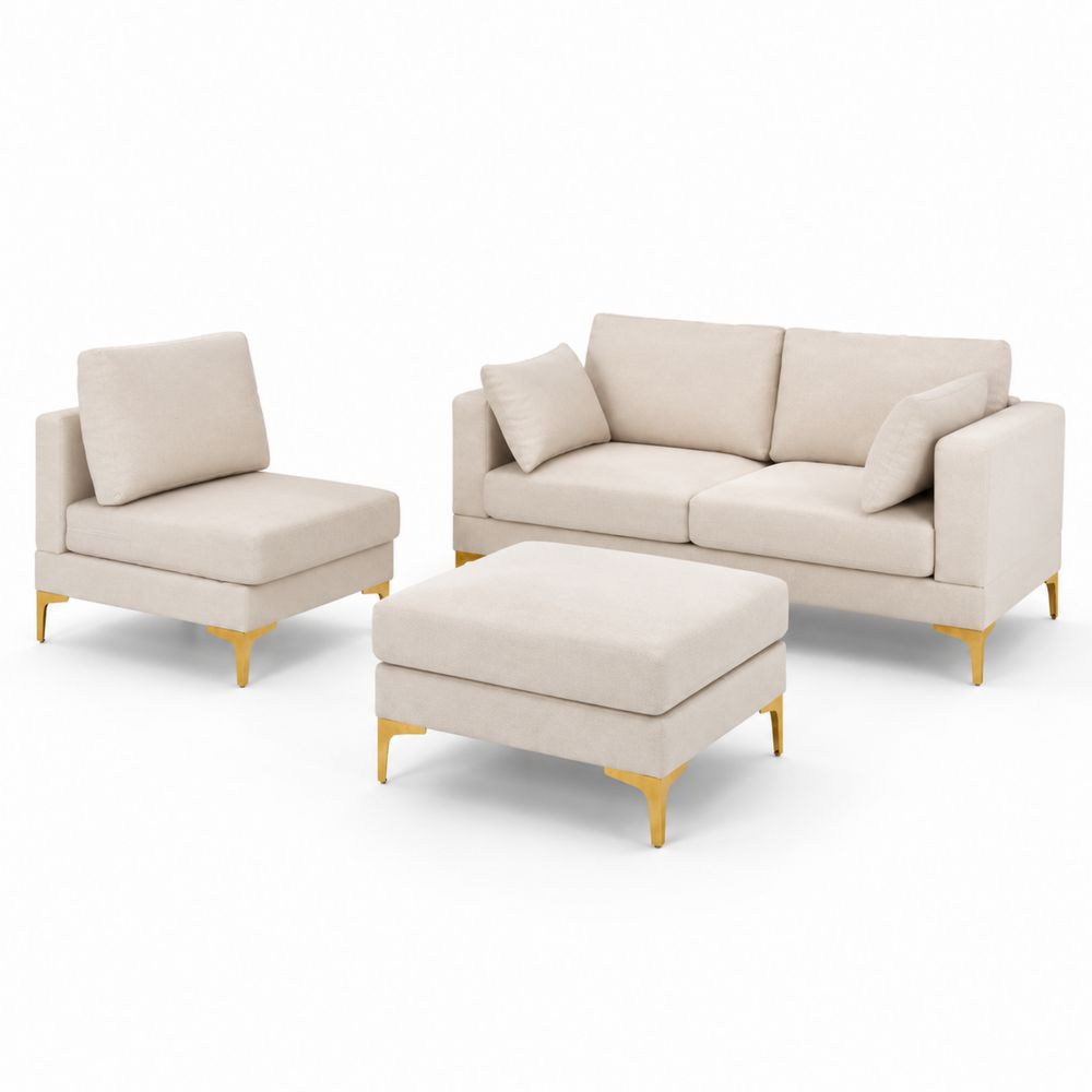 Ensemble de canapé et fauteuil en tissu avec pieds dorés