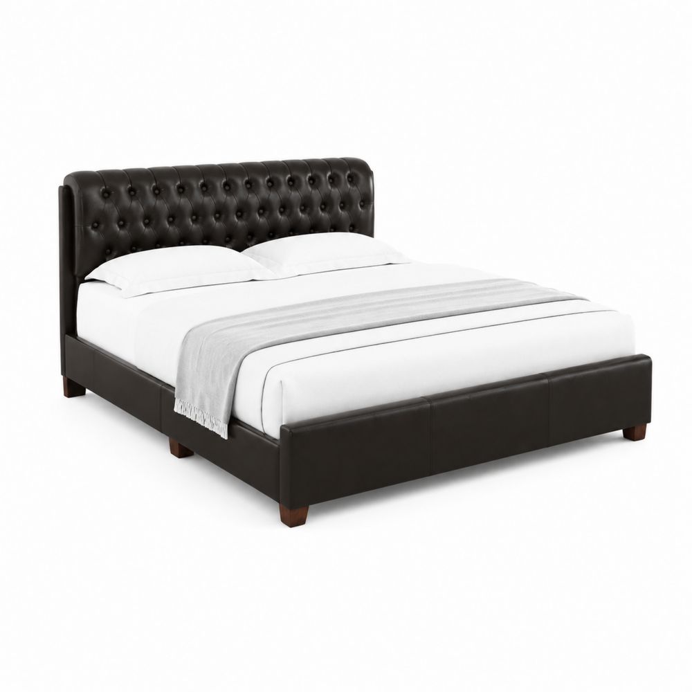 Lit double en cuir marron avec tête de lit capitonnée