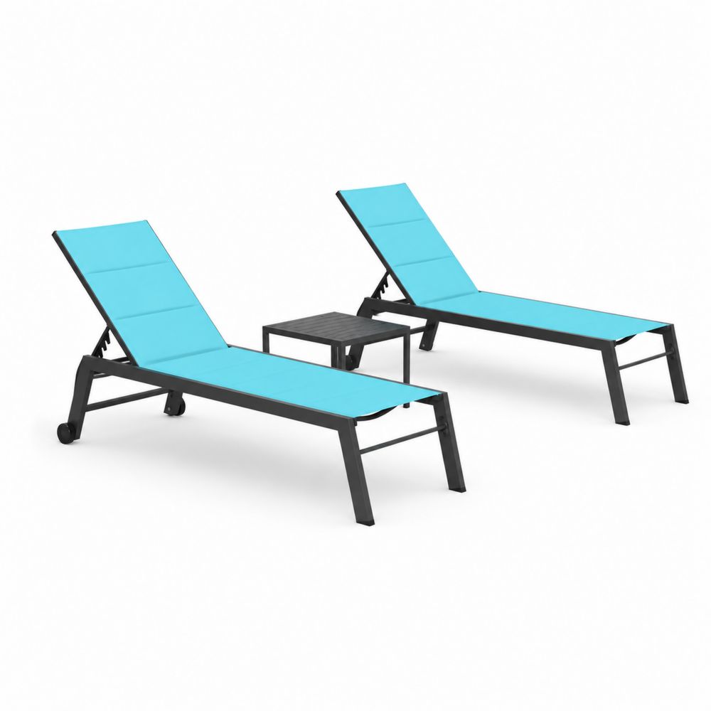 Chaises longues en aluminium et textilène Bleu avec table