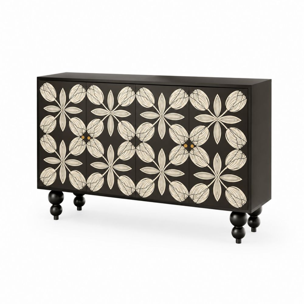 Buffet en bois avec motifs floraux noir/ivoire