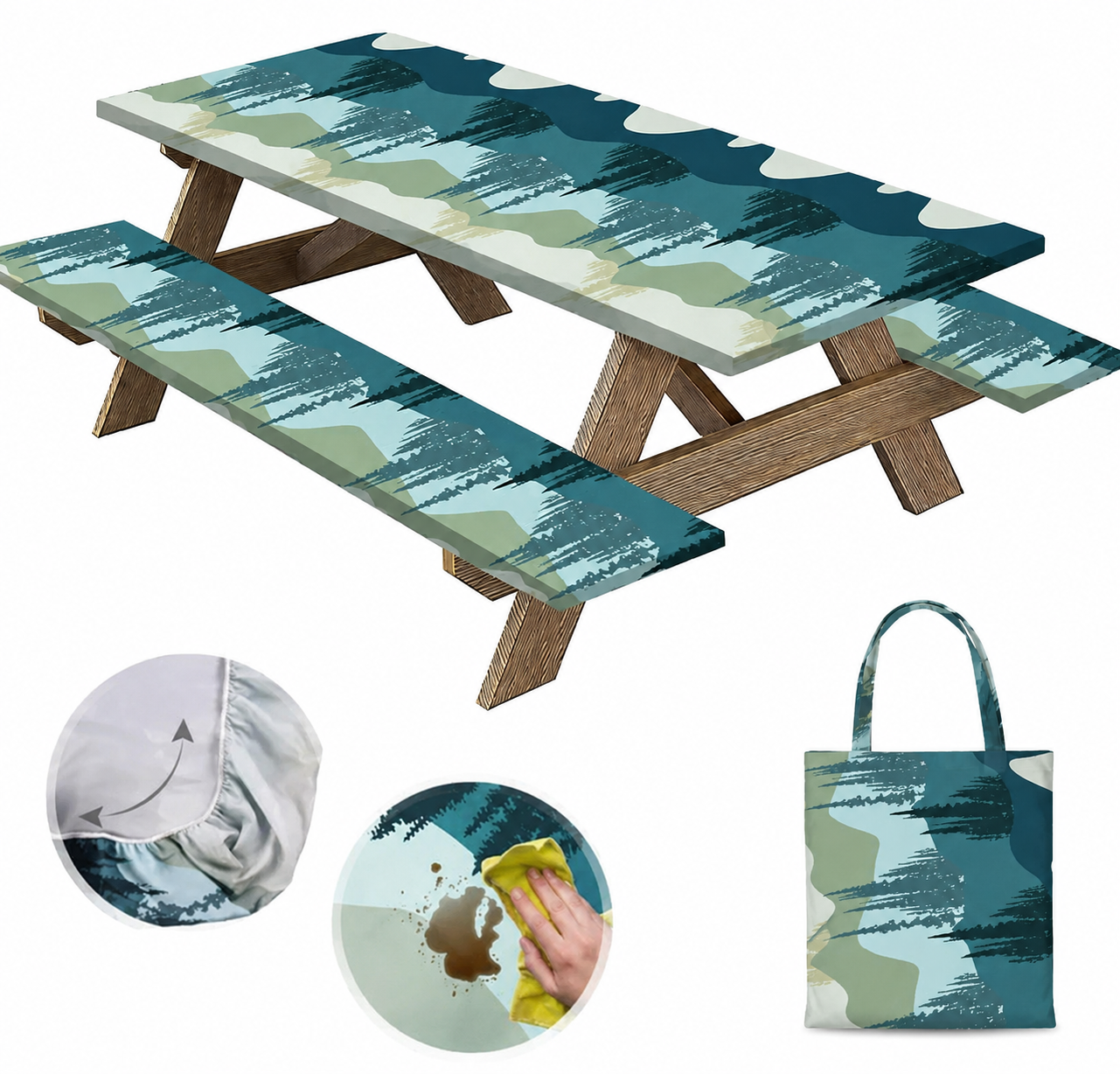 Stretch Tablecloth with Bench Covers & Carrying Bag - Waterproof Polyester Picnic Table Cover Set for Outdoor Patio Furniture