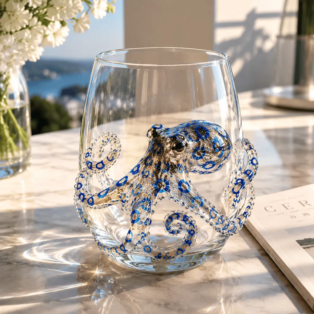 Handgefertigtes Glas mit Blauring-Oktopus