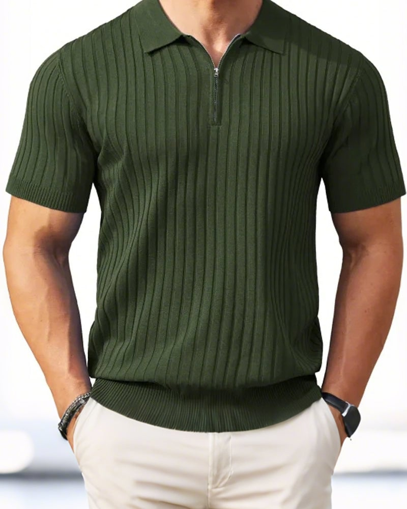 Men's Zipper Short Sleeve Ribbed Knit Polo T Shirts Golf Shirts