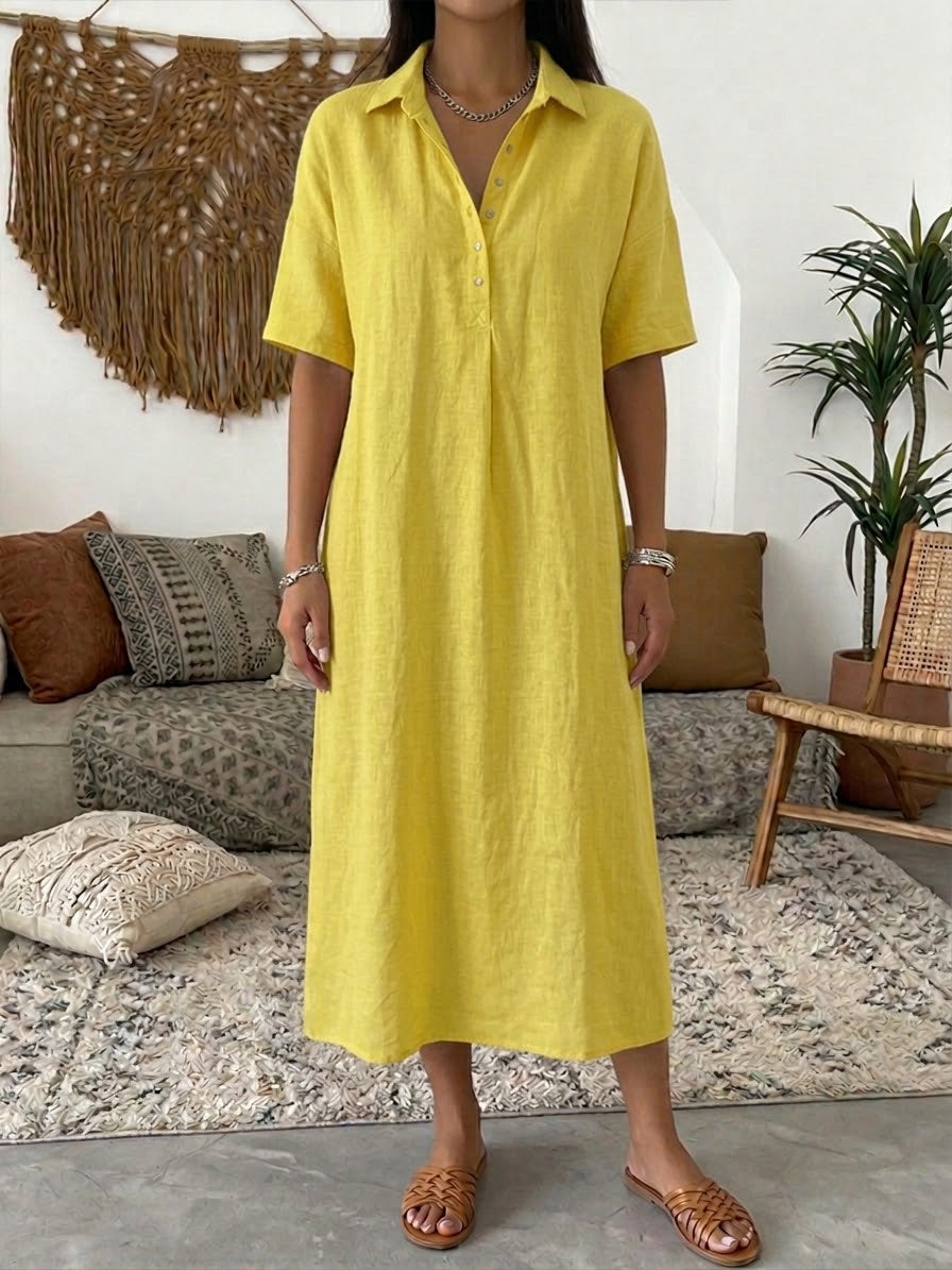 Damen-Polo-Kleid aus Baumwoll-Leinen-Mix, lässiges kurzärmeliges Sommerkleid