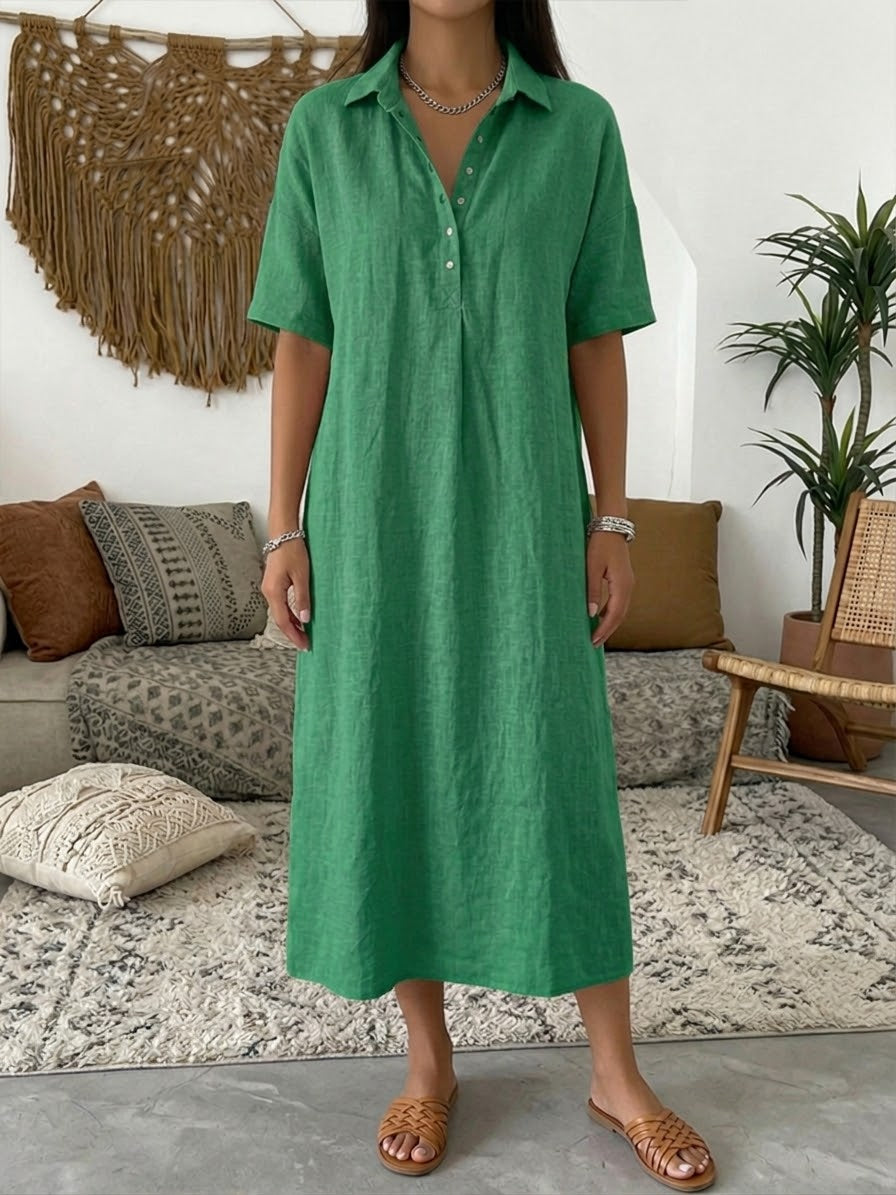 Damen-Polo-Kleid aus Baumwoll-Leinen-Mix, lässiges kurzärmeliges Sommerkleid