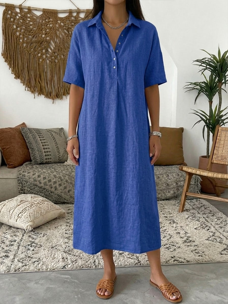 Damen-Polo-Kleid aus Baumwoll-Leinen-Mix, lässiges kurzärmeliges Sommerkleid