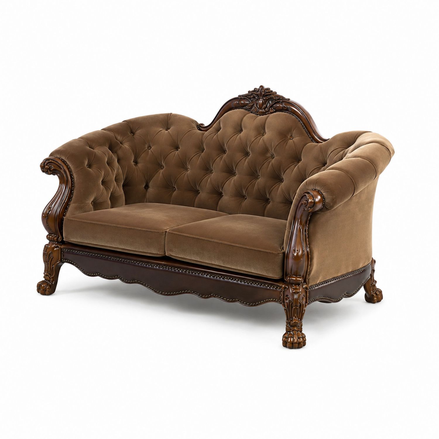 Sofa dwuosobowa welur brązowy z rzeźbionym drewnem 160cm