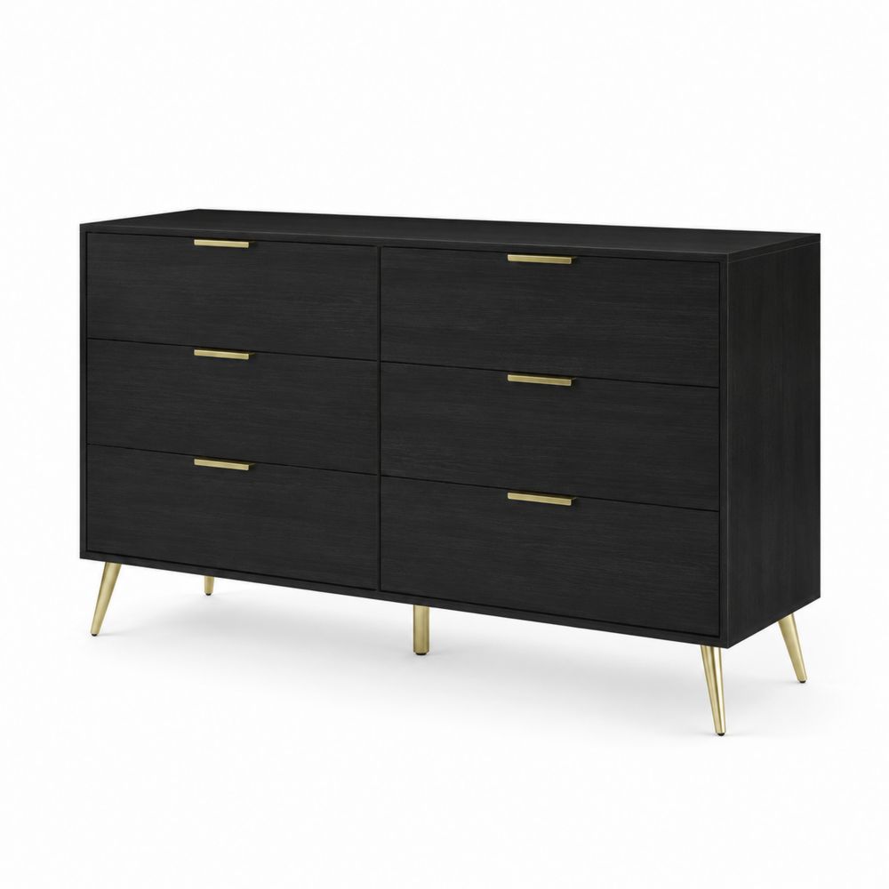Commode en Bois MDF Noir avec Pieds en Métal et 6 Tiroirs