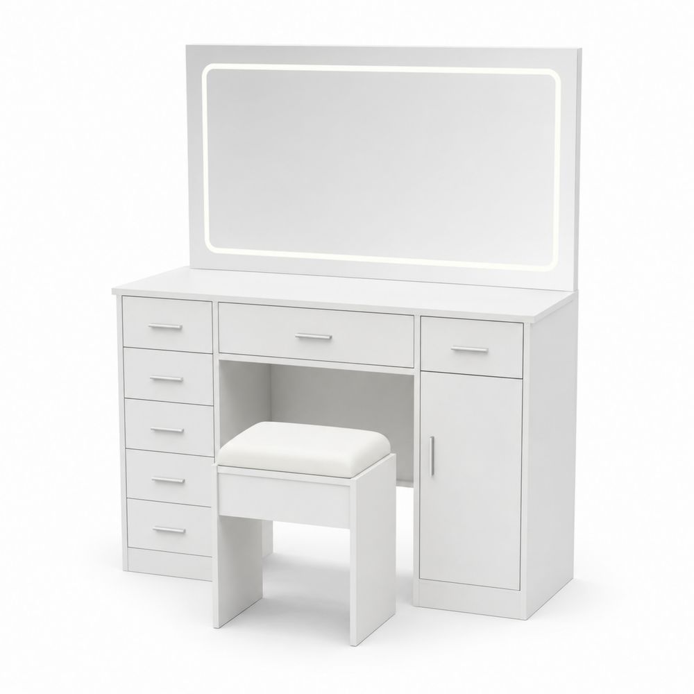 Coiffeuse en Bois Blanc avec Miroir LED et Tabouret