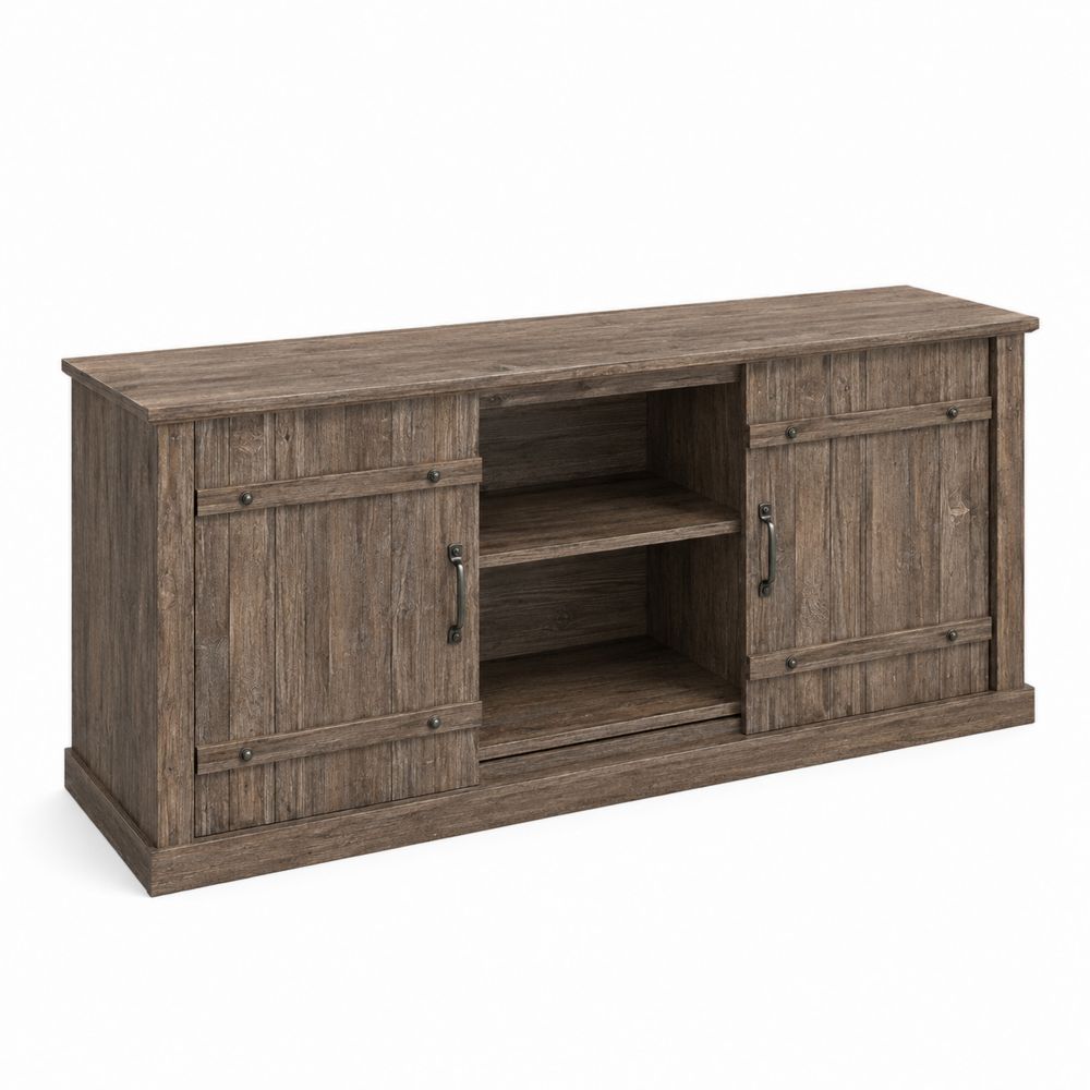 Meuble TV en bois brun avec portes coulissantes et étagères ouvertes 120x40x60 cm