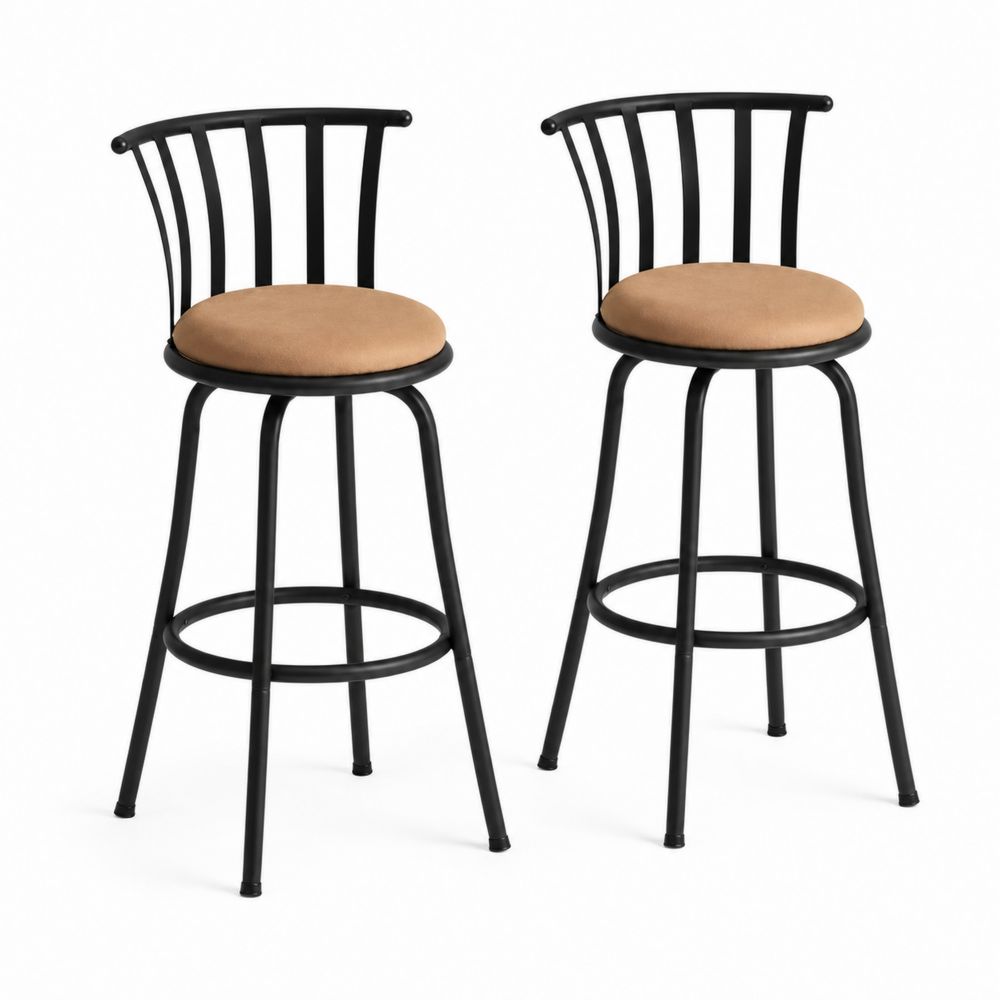Tabourets de bar en métal noir avec assise en microfibre beige, ensemble de 2