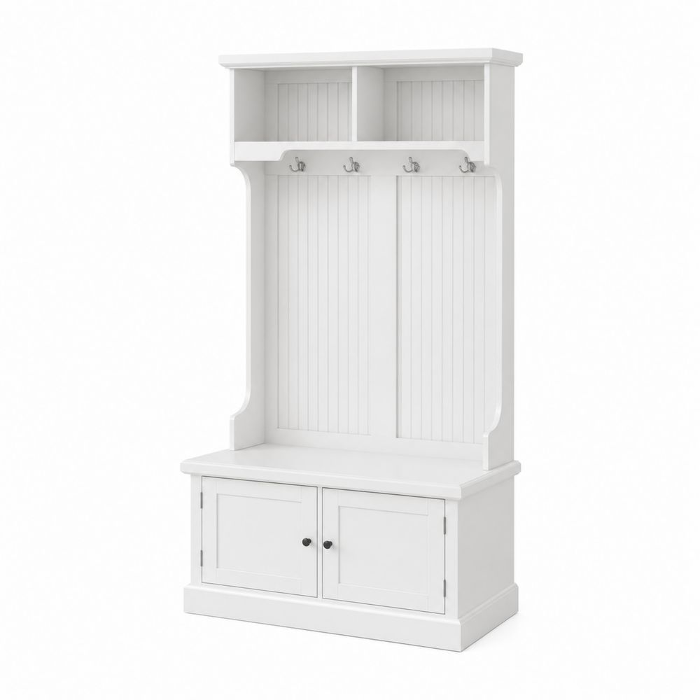 Vestiaire en bois blanc avec crochets et rangement