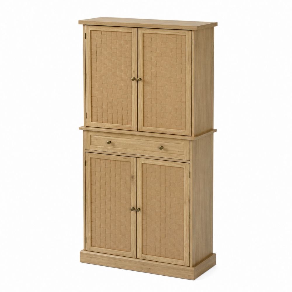 Buffet vaisselier en bois d'acacia avec portes en osier tressé