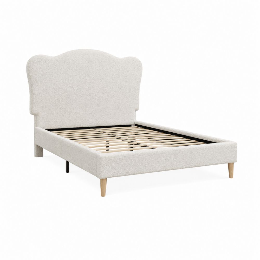 Lit double en bois avec tissu polyester crème 160x200 cm