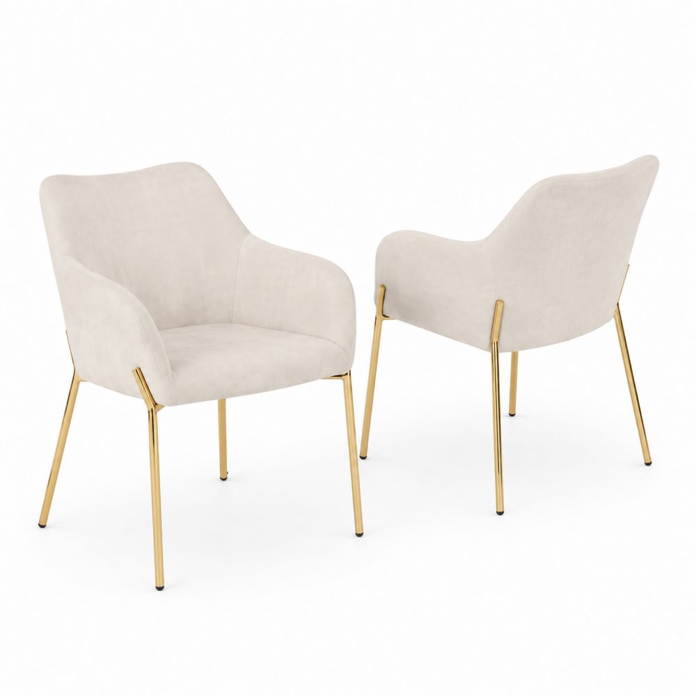 Chaises avec accoudoirs en velours beige et pieds en métal doré