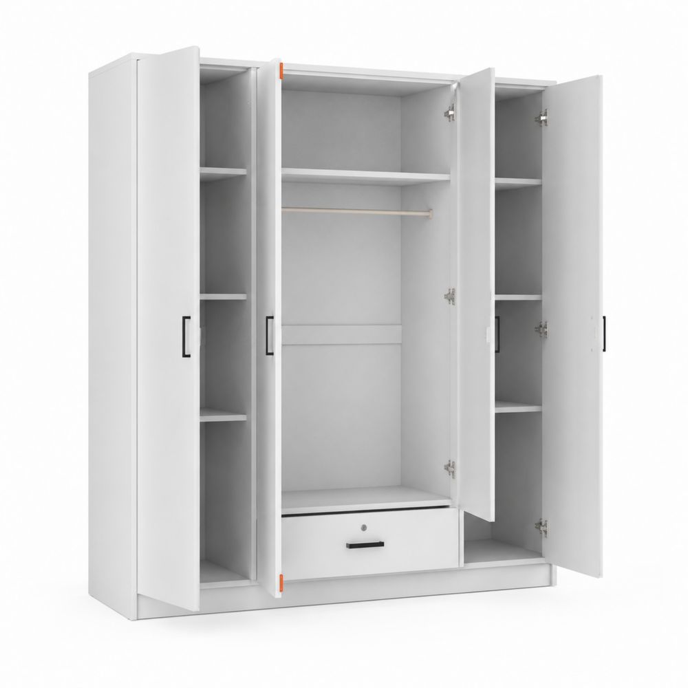 Armoire 3 portes blanche en panneaux de particules avec étagères et tiroir