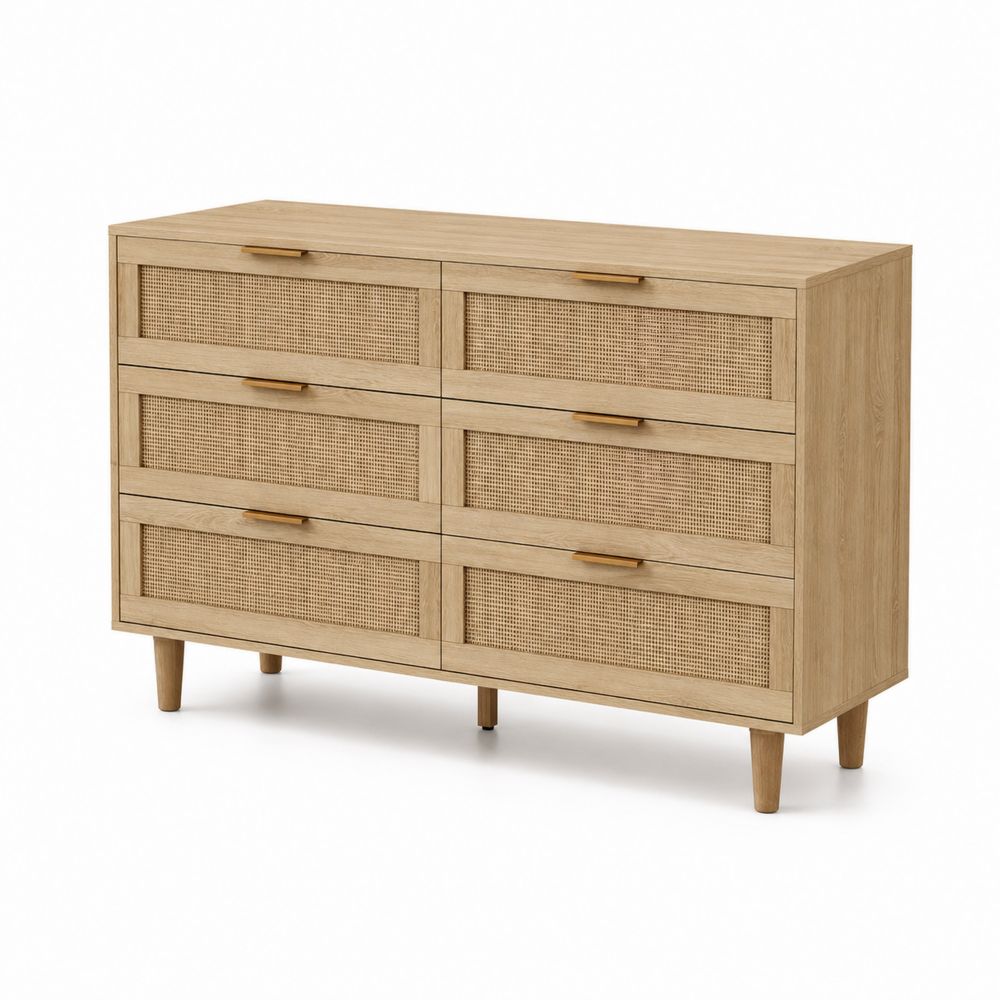 Commode 6 tiroirs en bois et rotin