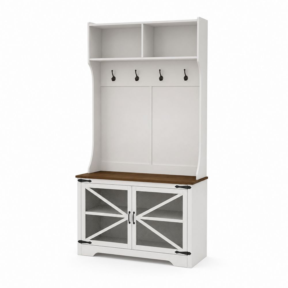 Meuble d'entrée avec porte-manteau en MDF blanc et noyer