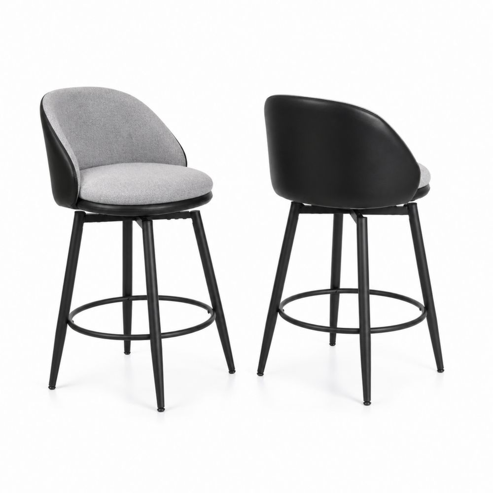 Tabouret de bar pivotant en métal avec assise en tissu et dossier en cuir synthétique
