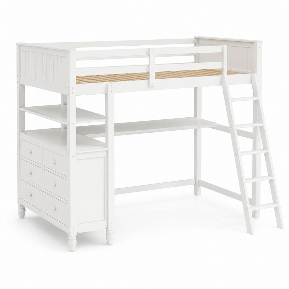 Lit Mezzanine en Bois avec Bureau et Rangement Blanc