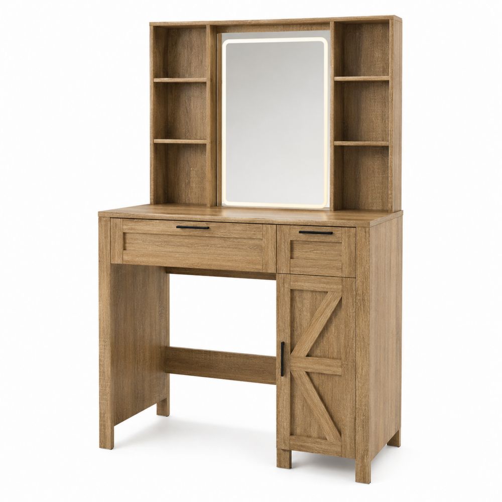 Coiffeuse en bois de chêne avec miroir et éclairage LED
