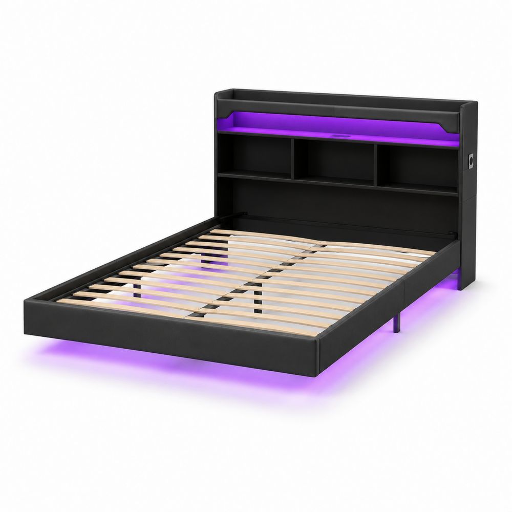 Lit double en similicuir noir avec LED violet 200x160 cm