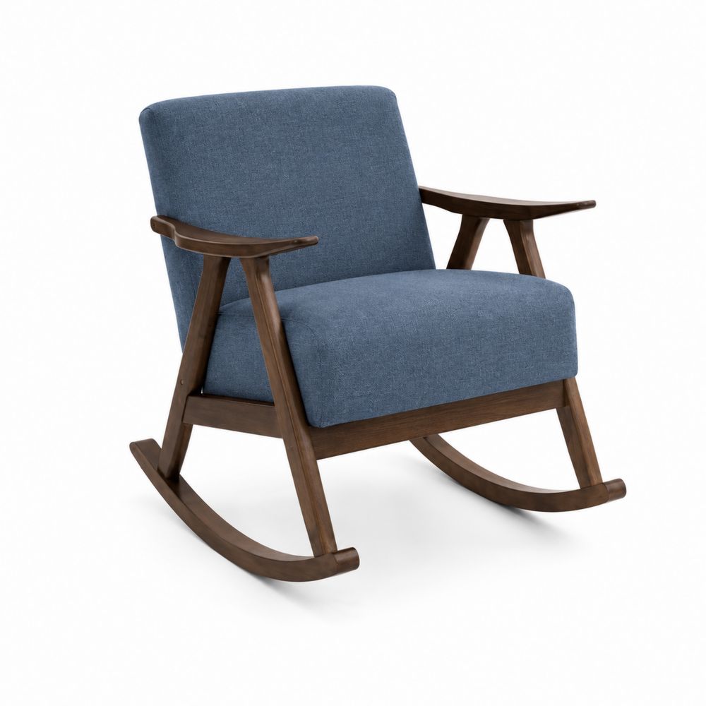 Fauteuil à bascule en bois avec revêtement en lin bleu