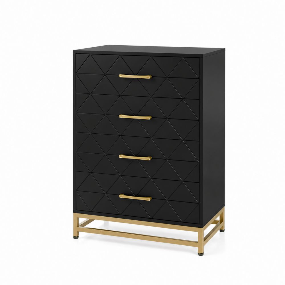 Commode 4 tiroirs Bois Noir et Métal Doré 80x40x120 cm