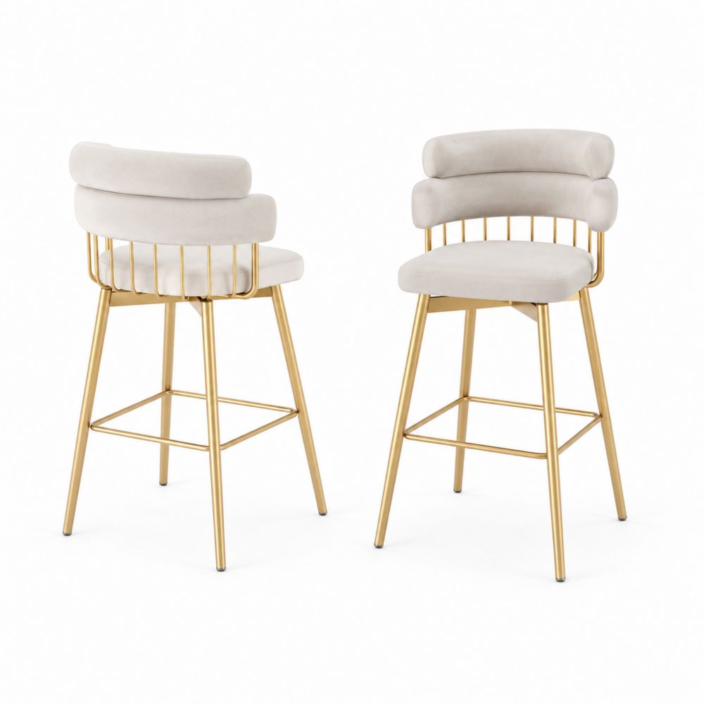 Lot de 2 tabourets de bar en velours avec cadre en métal doré 75 cm Beige