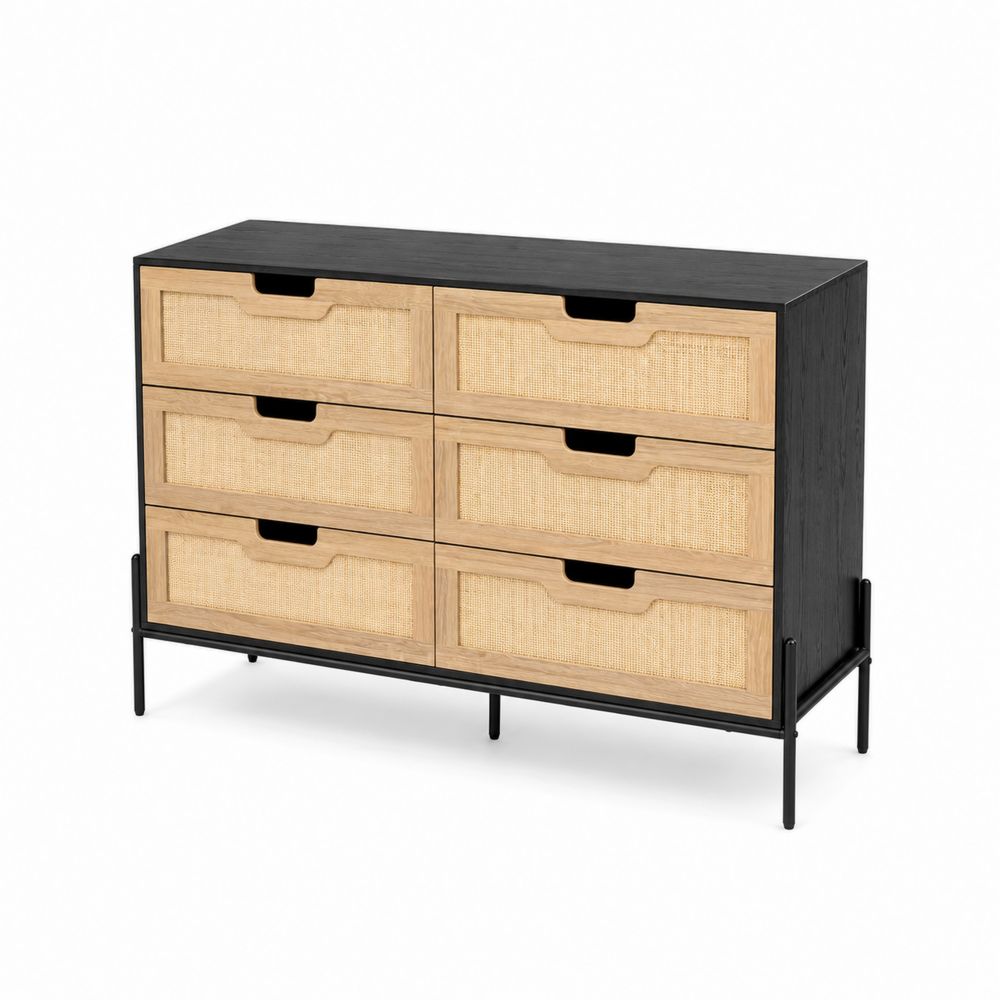 Commode à 6 tiroirs en Bois et Rotin