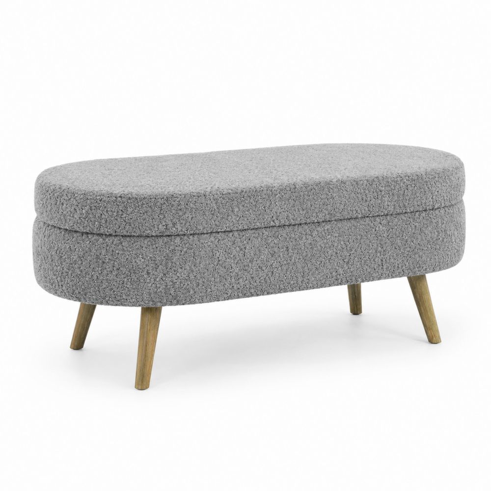 Banc ovale en tissu bouclé gris avec pieds en bois