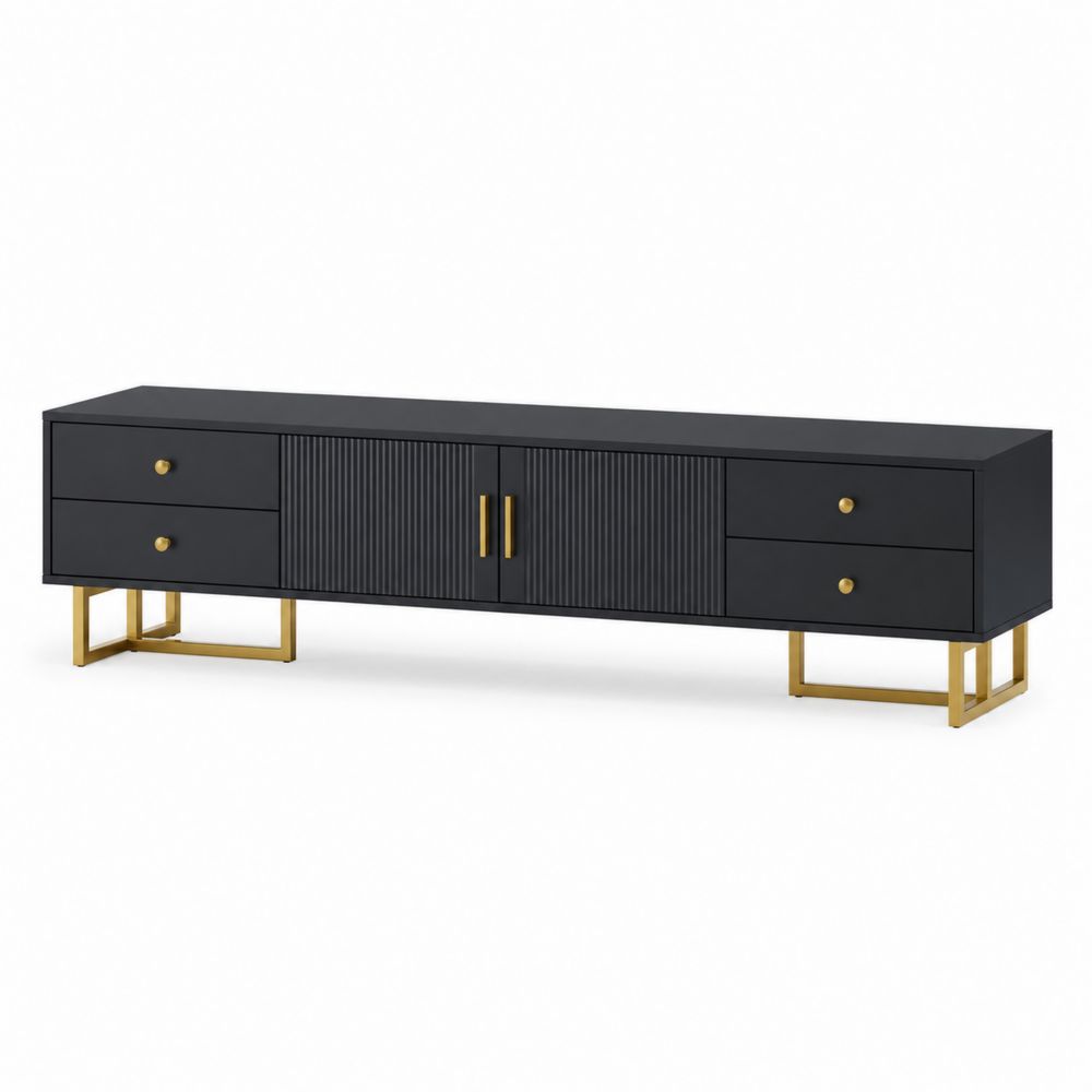 Meuble TV rectangulaire en bois avec tiroirs et portes 180cm Noir Métal Doré