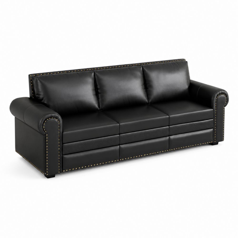 Canapé 3 places en cuir synthétique noir avec clous décoratifs