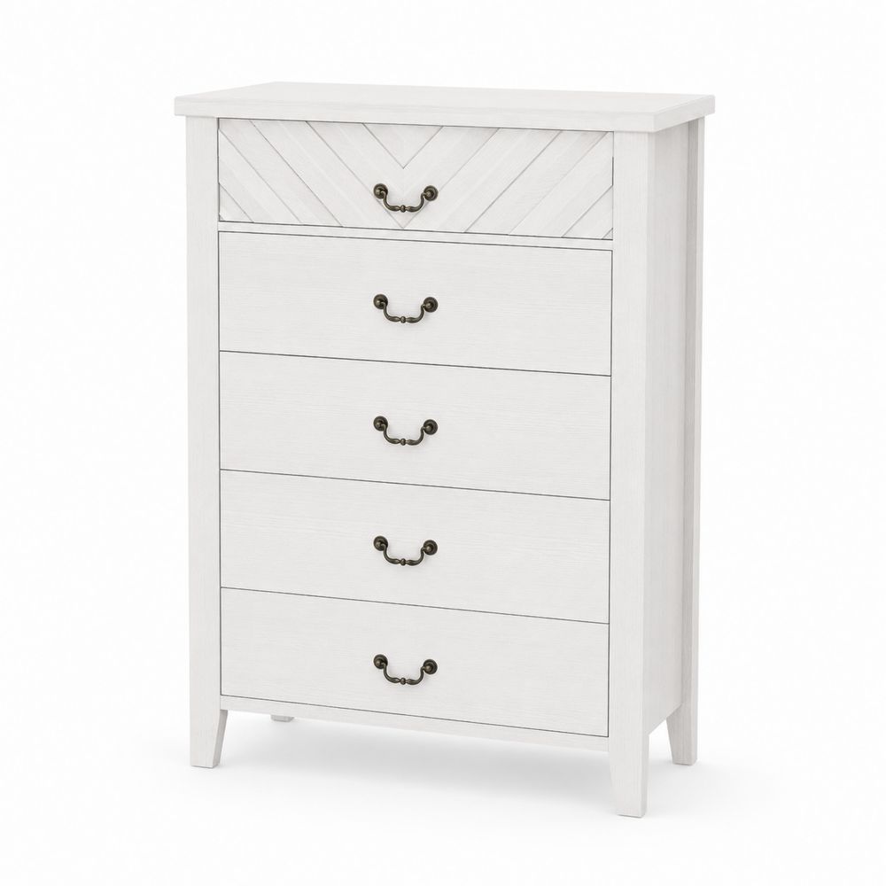 Commode 5 tiroirs en bois blanc avec poignées en métal