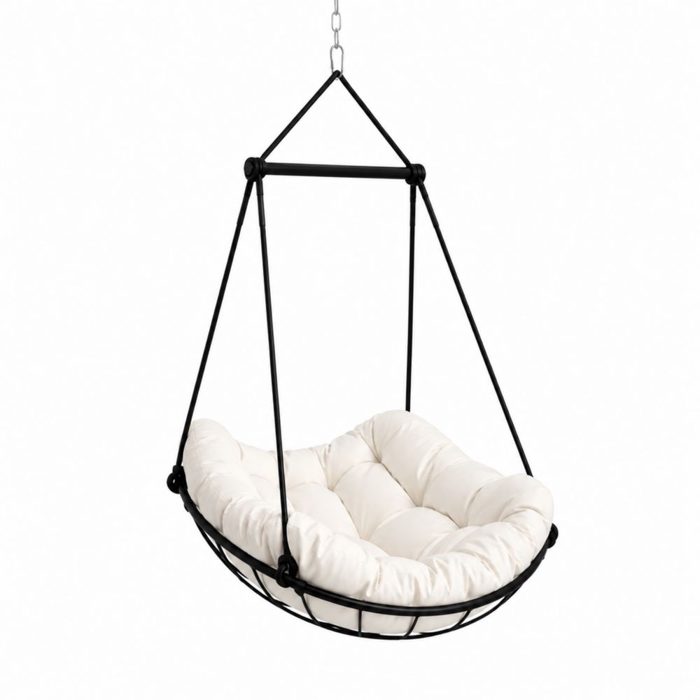 Chaise Suspendue en Métal Noir avec Coussin en Tissu Blanc