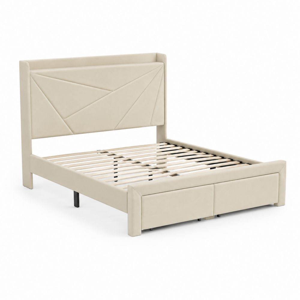 Lit double en cuir PU Beige avec tête de lit rembourrée
