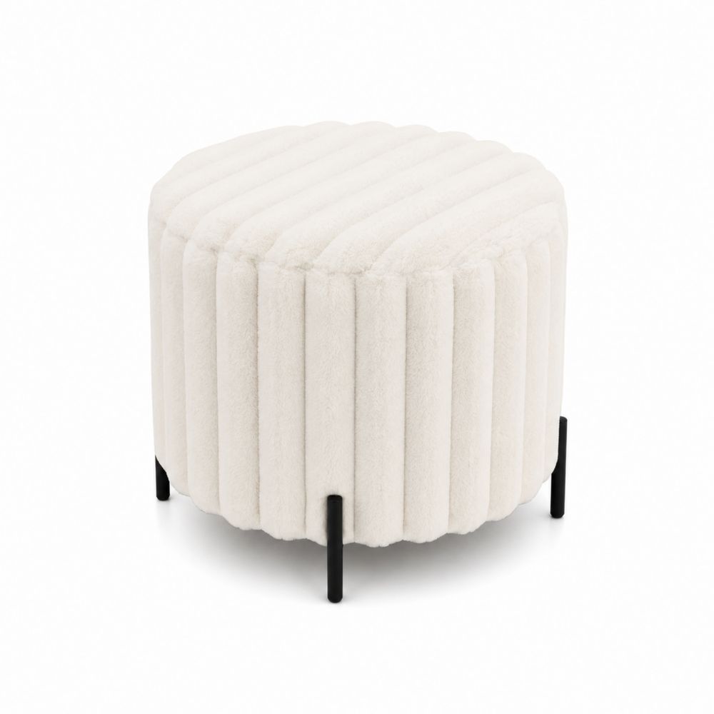 Repose-pieds rond en tissu bouclé crème et métal noir