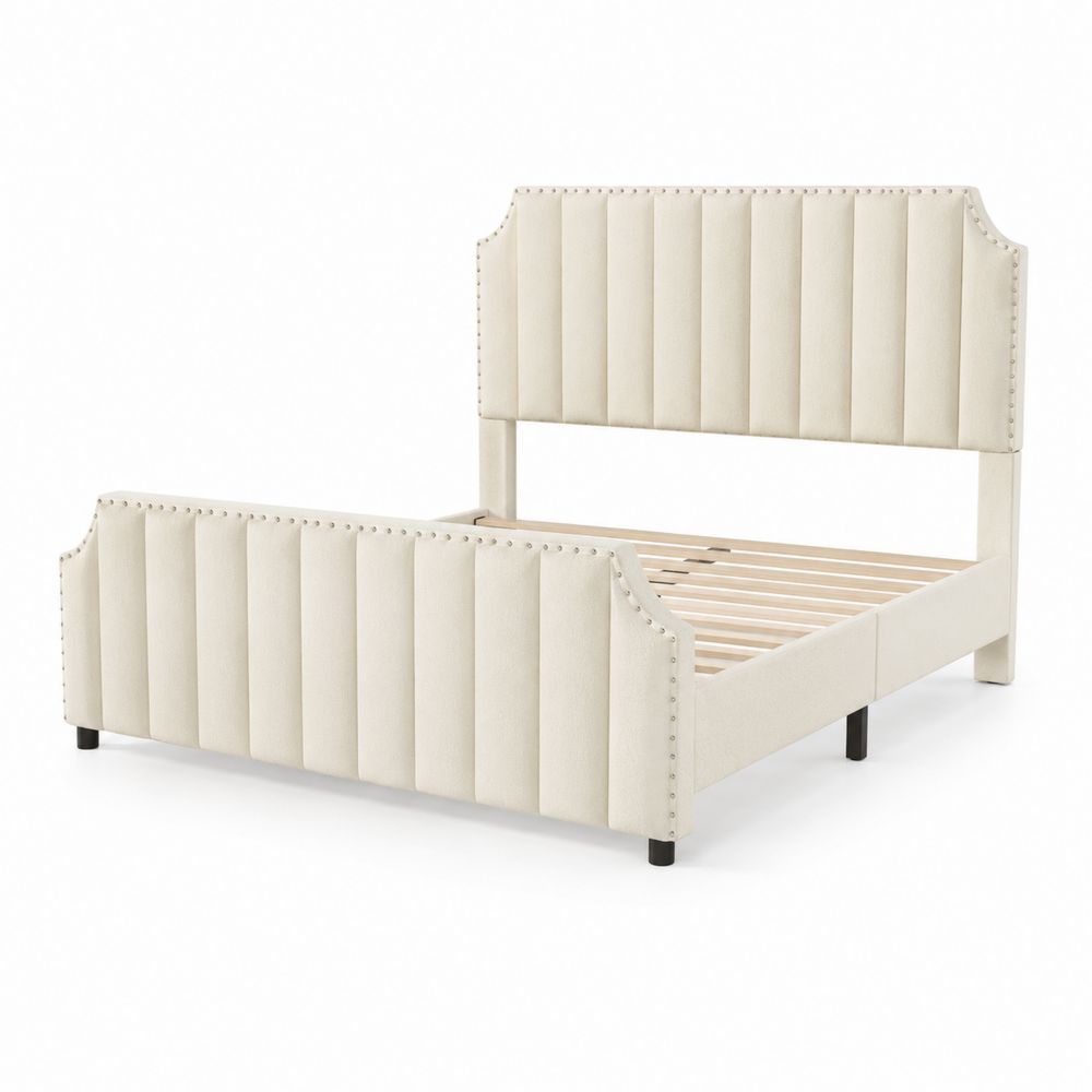 Lit double en bois et métal avec revêtement en polyester Crème 160x200 cm