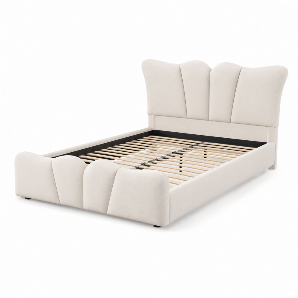 Lit double en bois et velours Beige 200x160 cm