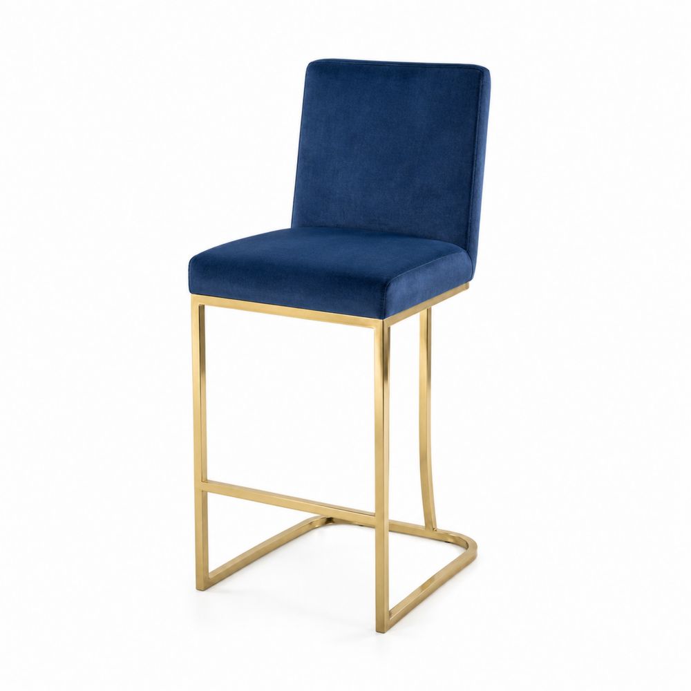Tabouret de bar en velours bleu avec cadre en acier doré