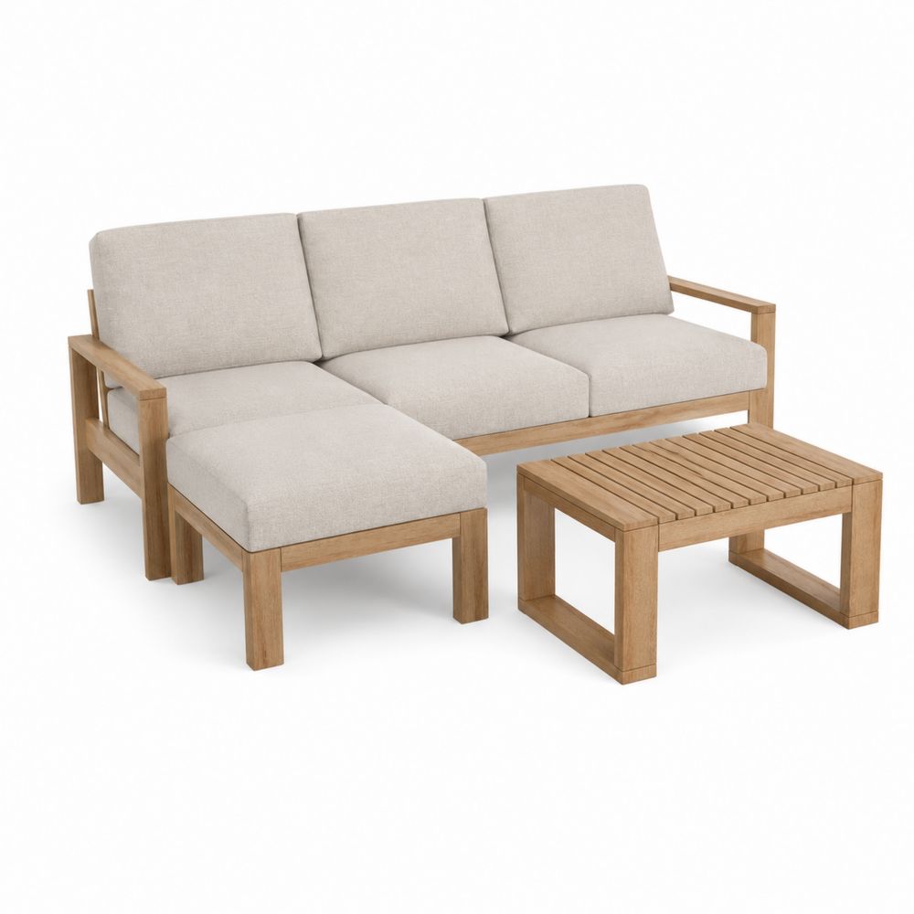 Canapé d'angle en bois avec coussins en lin beige