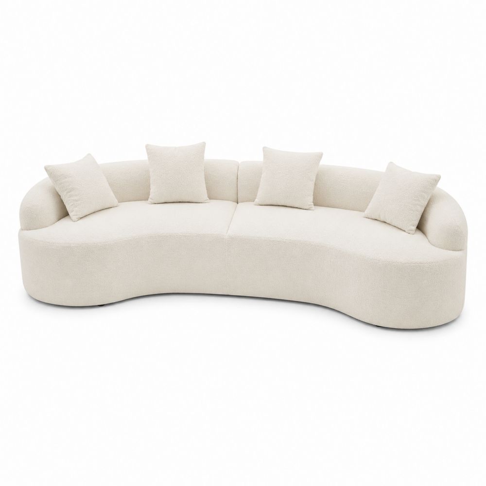 Canapé courbé en tissu polyester beige avec coussins