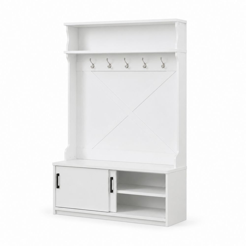 Vestiaire d'entrée en bois blanc avec crochets et rangements