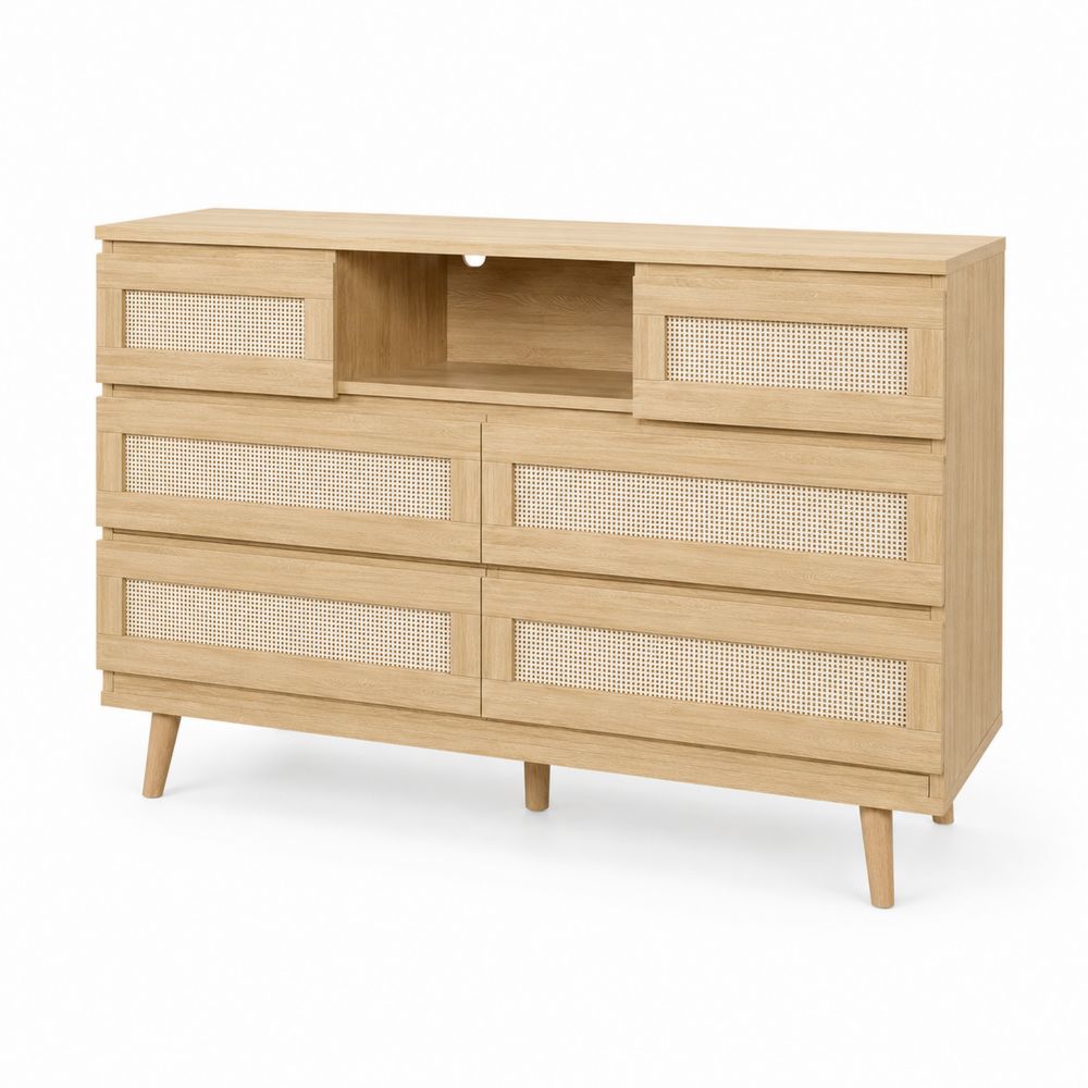Commode en bois clair avec cannage 6 tiroirs