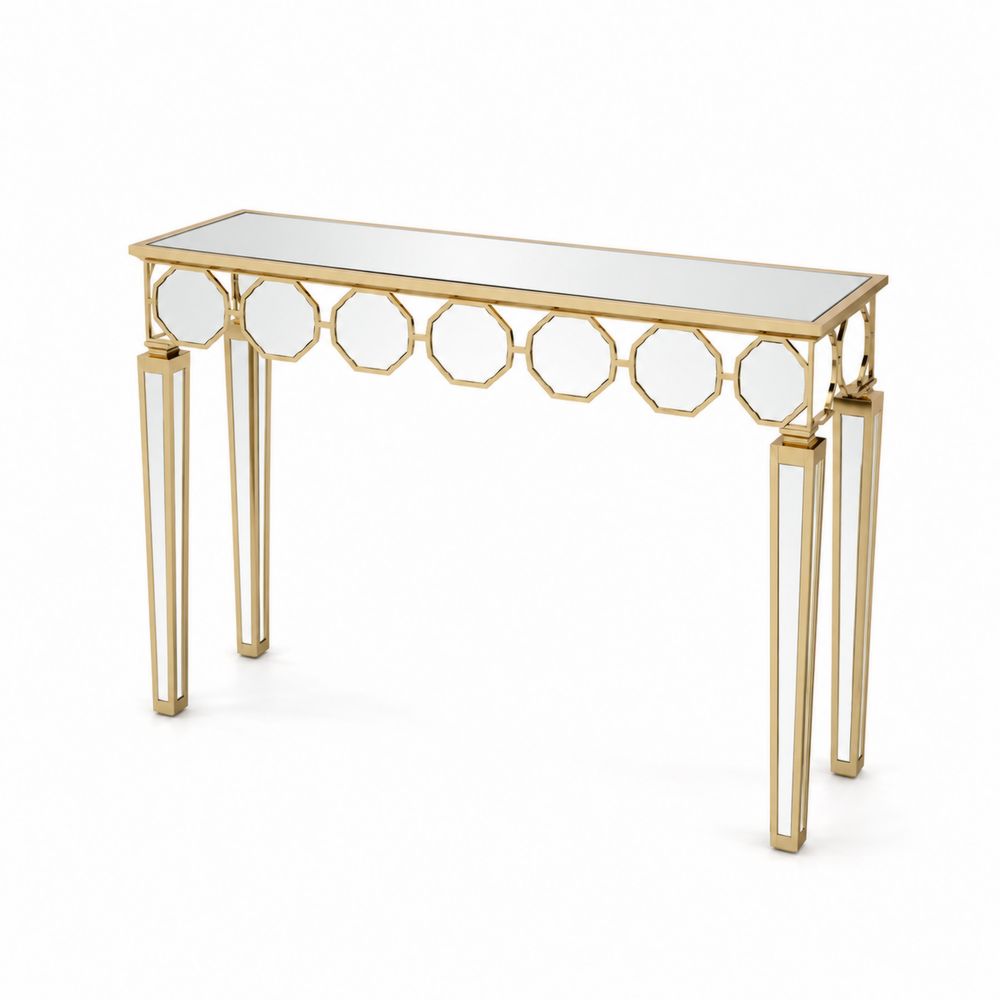 Table console en métal doré avec surface en verre miroir
