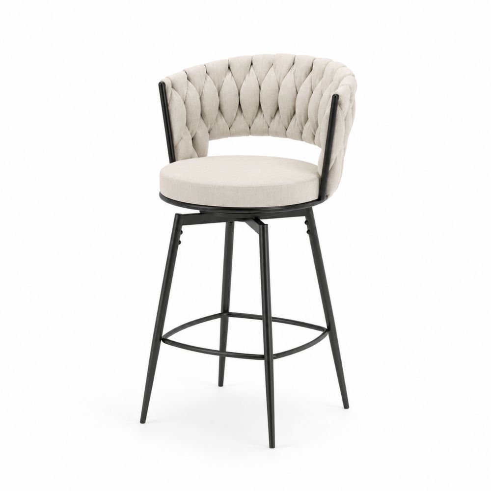 Tabouret de bar en tissu beige et métal noir, hauteur 100 cm