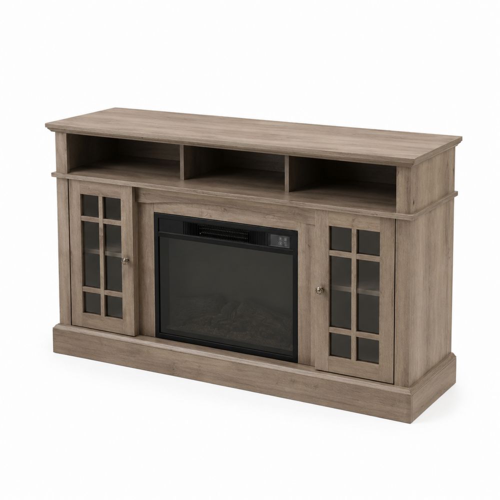 Meuble TV Bois avec Cheminée Électrique et Portes en Verre Trempé 152cm