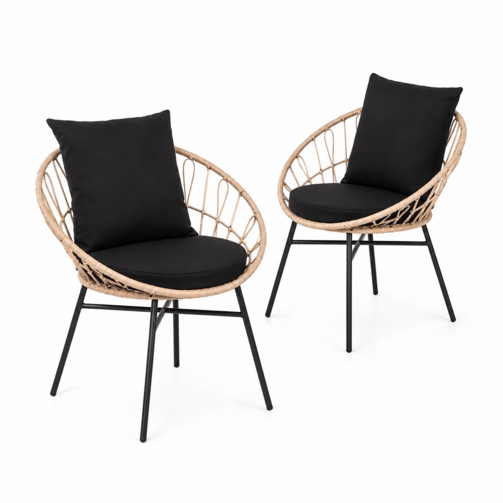 Lot de 2 chaises en rotin avec coussins noirs