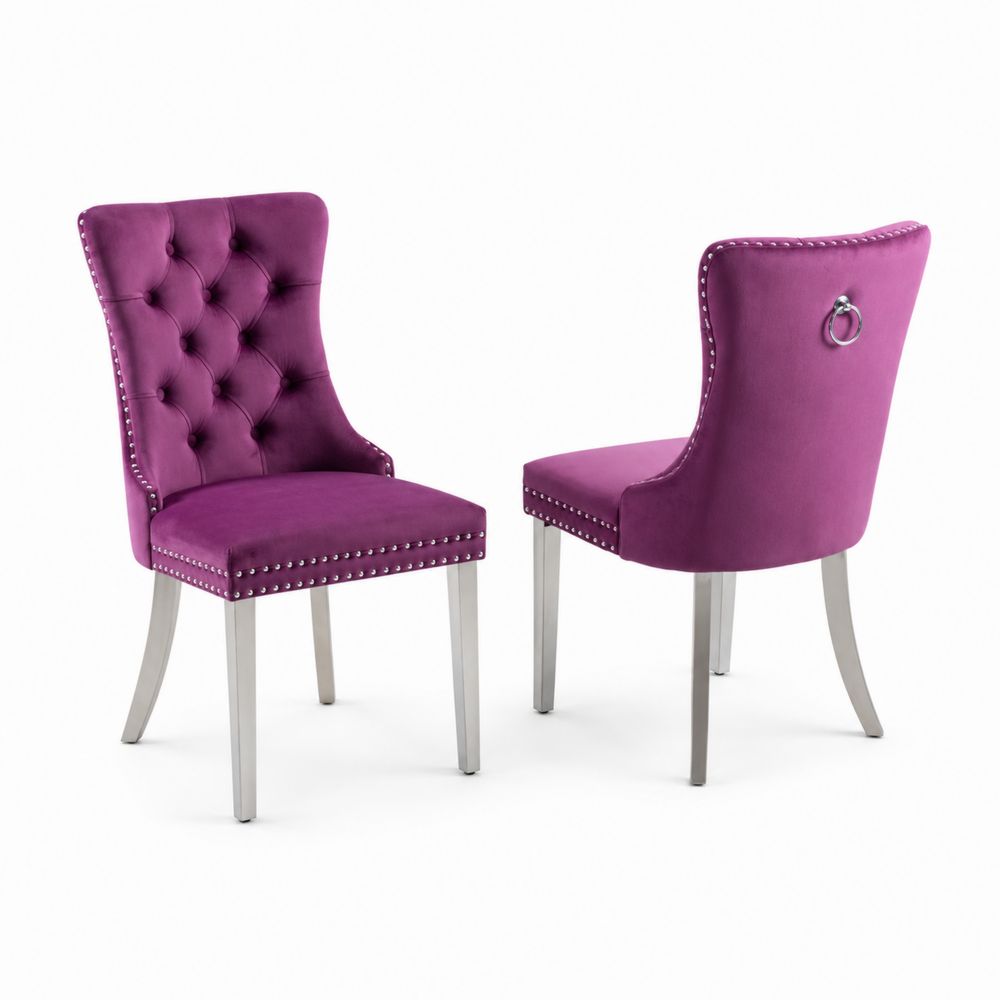Chaise de salle à manger en velours avec clous décoratifs et pieds en métal